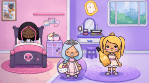 TB World.webp game banner showing a Toca Boca style pink and purple bedroom cartoon scene with three girls: one with dark hair resting in a purple skull-themed bed, a blue-haired girl with a tiara holding a Hello Kitty bag, and a blonde girl in pigtails holding a gold bottle labeled "COINS".