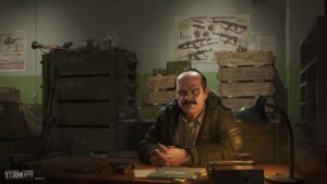 Militārā noliktava ar ieročiem, patronām un granatām priekšplānā un tirgotāju Praporu fonā pie galda spēlē Escape from Tarkov