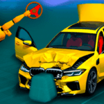 ALT text: BMG: Ragdoll Car Race promotional artwork featuring a heavily damaged bright yellow sports car that has crashed front-first into a large blue block. The hood is completely crumpled, the doors and trunk are wide open, and an orange blocky ragdoll character has been launched into the air, holding a steering wheel. The background shows a digital grid environment under a dark blue sky