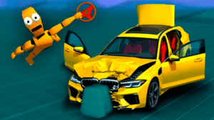 ALT text: BMG: Ragdoll Car Race promotional artwork featuring a heavily damaged bright yellow sports car that has crashed front-first into a large blue block. The hood is completely crumpled, the doors and trunk are wide open, and an orange blocky ragdoll character has been launched into the air, holding a steering wheel. The background shows a digital grid environment under a dark blue sky