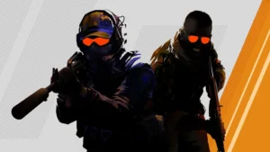 Divi maskēti un bruņoti Counter-Strike tēli ar aizsargbrillēm uz balta un oranža fona