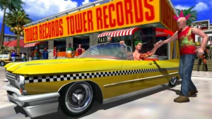 Zaļmatains taksometra vadītājs Aksels dzeltenā kabrioletā sveicina panku ar rozā frizūru pie Tower Records veikala spēles Crazy Taxi mākslas darbā