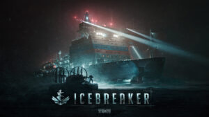 Milzīgs izgaismots leduslauža kuģis iesprostots biezā ledū sniega vētras laikā naktī spēles Escape from Tarkov Icebreaker reklāmas attēlā"