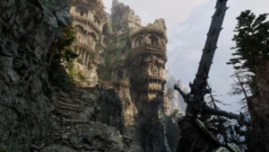 Pirmās personas skats no RPG spēles Fatekeeper ar dekoratīvu zobenu rokā un senu akmens cietoksni kalno