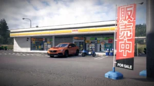 Oranža sporta automašīna un zils skrejritenis novietoti pie Japānas piemājas veikala spēles Forza Horizon 6 vid