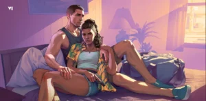 GTA 6 varoņi Lūsija ar pistoli rokā un Džeisons sēž uz gultas moteļa istabā blakus somai ar naudu saulrieta gaismā"