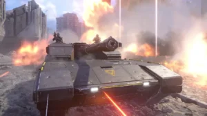 Četri karavīri melni dzeltenās bruņās ar apmetņiem skatās uz liesmojošu kaujas lauku un kosmosa kuģiem debesīs spēles Helldivers 2 reklāmas attēlā