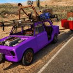 Long Drive to Horizons Sim game banner showing a customized, bright purple retro sedan car parked on the side of a desert road. The car has no hood, exposing a detailed engine, and features a roof rack loaded with boxes and a custom frame. A tilted "TAXI" sign rests on the front fender, and a large hitch at the front is visible. Attached to the rear is a bright red trailer carrying a rusty metal barrel, set against a desert landscape with dirt, sparse bushes, and a road stretching into the distance under a blue sky