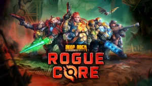 Pieci smagi bruņoti kosmiskie rūķi ar ložmetējiem un lāzera ieročiem uz spēles Deep Rock Galactic Rogue Core oficiālā logo fona