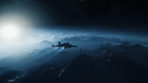 Zinātniskās fantastikas kosmosa kuģis lido virs tumšas kalnainas planētas spožas saules un zvaigžņotas debess fonā spēlē Star Citizen