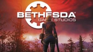 Bethesda Game Studios logo uz ugunīga saulrieta fona ar Fallout 76 tēlu kombinezonā no mugurpuses