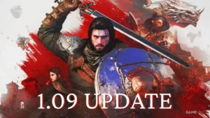 Varonis bruņās ar divrocīgu zobenu uz sarkana liesmu fona ar uzrakstu Crimson Desert Update 1.09 is live now