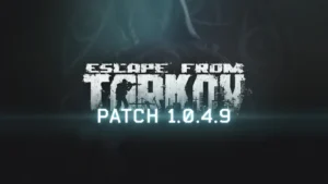 Spēles Escape from Tarkov oficiālais logotips ar izgaismotu tekstu Patch 1.0.4.9 uz tumša fona