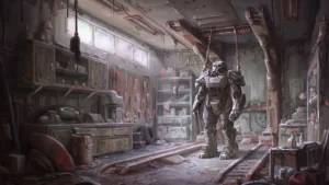 Varonis Tērauda bruņās Power Armor strādā pie galda uz tehnisku rasējumu un shēmu fona no spēles Fallout 4