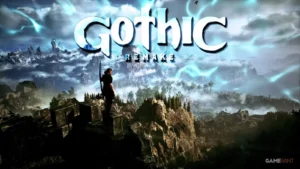 Bezvārda varonis ar zobenu pie jostas stāv uz klints malas un skatās uz miglainu kalnu koloniju spēles Gothic 1 Remake reklāmas attēlā