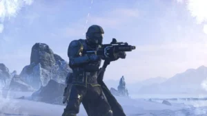 Helldivers 2 karavīrs futūristiskā bruņutērpā tēmē ar ieroci uz sniegotu kalnu un zilu debesu fona