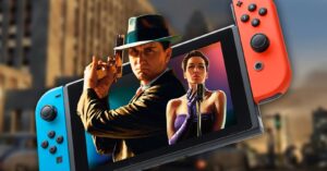 Nintendo Switch konsole ar spēles L.A. Noire tēliem — detektīvu ar ieroci un dziedātāju pie mikrofona