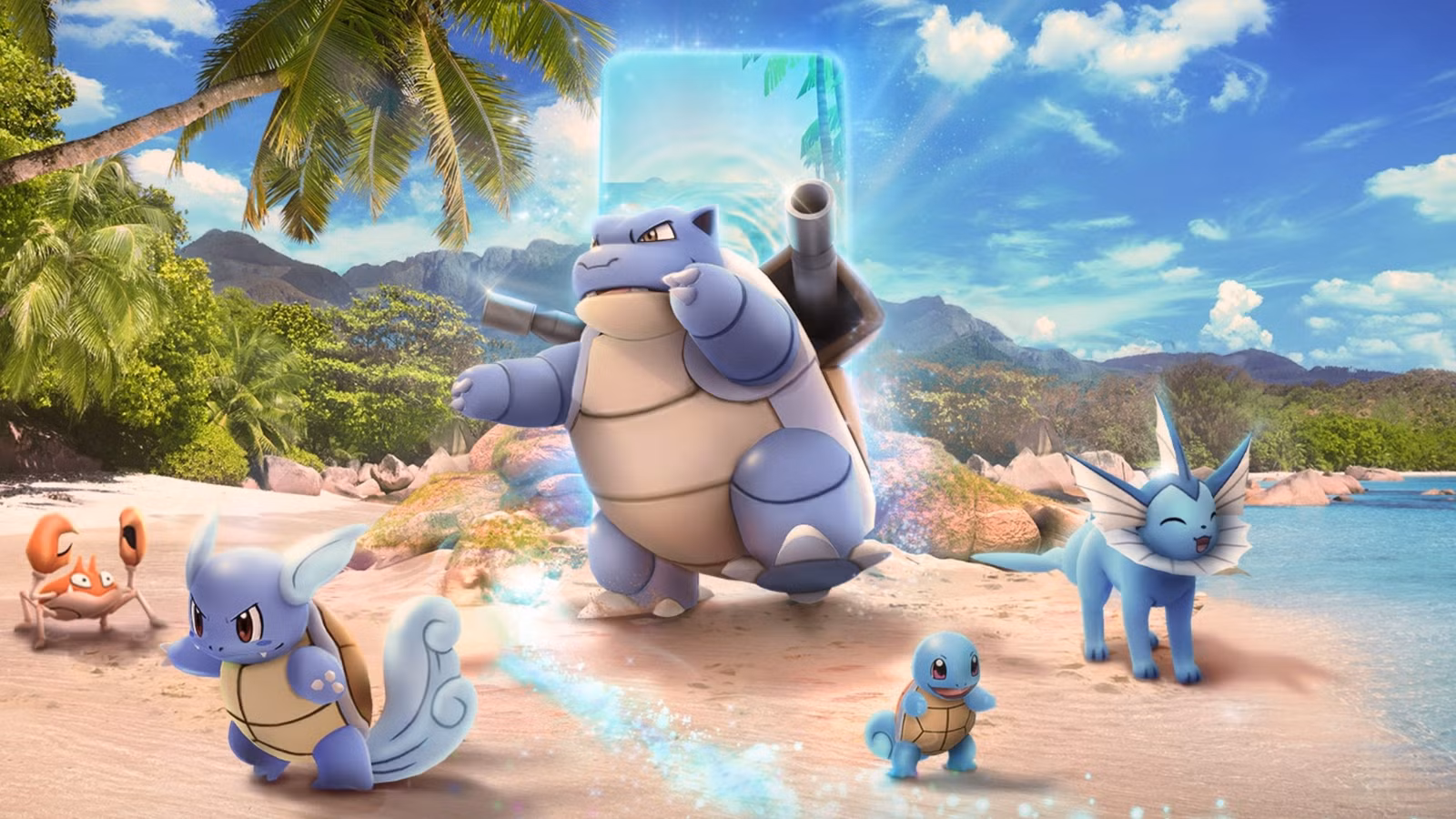 Vairāki jaunieši ar viedtālruņiem rokās pilsētas parkā tver pokemonu Blastoizu spēles Pokemon GO oficiālajā ilustrācijā