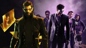 Kompānijas Embracer Group videospēļu franšīžu tēli Ādams Džensens no Deus Ex un Saints Row grupējums uz violeta fona