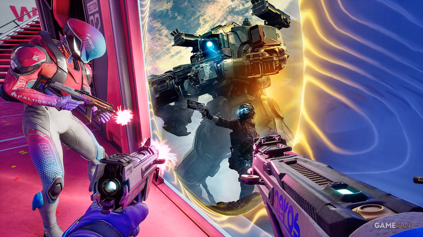 Pirmās personas skats spēlē Splitgate, kur caur portālu redzams milzīgs Titanfall stila kaujas robots mehs