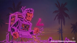 Satīriska retro-futūristiska ilustrācija neona stilā uz palmu fona, kurā attēlots dusmīgs FiveM servera administrators ar austiņām, kurš tech-rage un histērijas lēkmē dauza datoru un bāž dūres caur ekrānu.