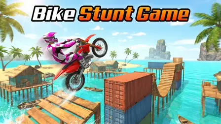 Bike Stunt Game banner featuring a stunt rider in a pink and white racing suit performing a high mid-air wheelie on a red dirt bike. The motorcycle is flying over stacked blue and orange shipping containers used as a track. The background shows a sunny tropical resort with stilt huts built over turquoise ocean water, palm trees, and small wooden boats under a clear sky. Bold white text with an orange outline at the top reads "Bike Stunt Game