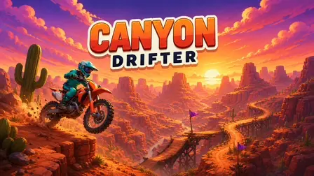 Canyon Drifter.webp game banner showing a dirt bike rider jumping off a red rocky cliff in a desert canyon at sunset.