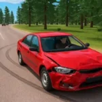 Realistic High-Speed Car Crash Simulator game banner showing a bright red sedan driving down a forest road with skid marks behind it. The car's front bumper and hood are heavily crumpled from a front-end collision. In the background, other vehicles, including a damaged green car, drive along the curved asphalt road surrounded by green pine trees under a clear blue sky.