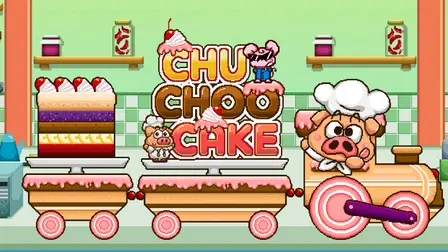 Chu Choo Cake game banner featuring cartoon Chef Piggo driving a pink toy train.