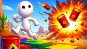 Crazy Bob game banner featuring a stylized, glossy white cartoon character running forward. The smooth 3D character has large black eyes and is mid-stride. He runs across a path made of colorful blocks in red, purple, green, and yellow. Directly behind him, a massive explosion erupts with bright orange flames and dark smoke. The blast sends several red hazard barrels with yellow fire warning labels flying into the air. The background shows a sunny desert canyon with rocky cliffs and a green cactus under a bright blue sky.