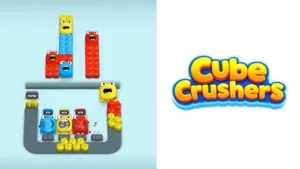Cube Crushers.webp game banner showing the gameplay interface on the left and the official logo on the right. The gameplay scene features vertical columns of red, blue, and yellow toy brick towers with funny cartoon eyes and open mouths against a light blue backdrop. Below the towers is a gray conveyor belt loop loaded with round yellow cylinders. Three sorting machines colored blue, yellow, and red with small screens displaying score ratios sit inside the track. On the right side, the game logo "Cube Crushers" stands out in a bold 3D yellow and orange bubbly font outlined in bright blue.
