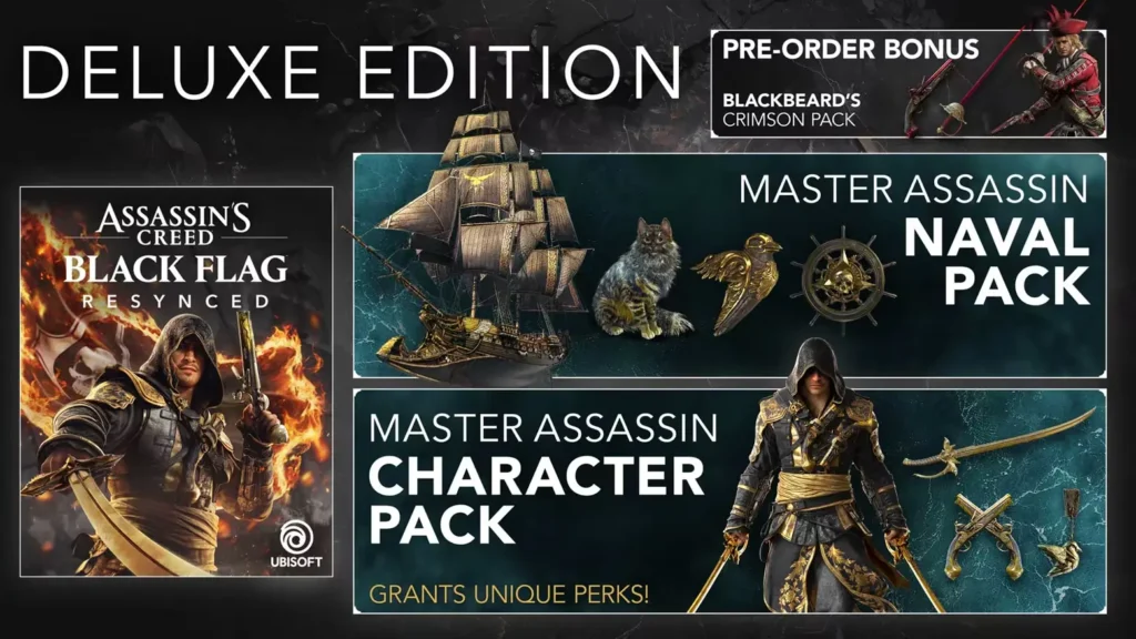 Deluxe Edition reklāmas plakāts ar melnu pirātu kuģi, zelta aksesuāriem un tēlu melnā tērpā.