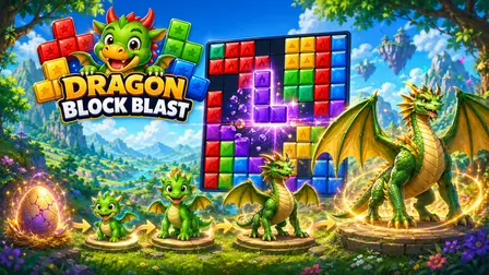 Dragon Block Blast game banner showing a green cartoon dragon, an 8x8 block puzzle grid, and dragon evolution stages.
