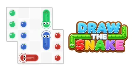 Draw The Snake game banner showing colorful snakes on a puzzle grid next to the 3D text logo.