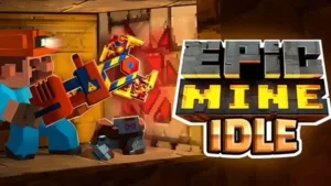 Epic Mine Idle game banner featuring a blocky voxel-style miner working inside a dark underground mine tunnel. On the left, the character wears a blue outfit, dark gloves, and a bright brown safety helmet equipped with a glowing headlamp. He grips a large, complex mechanical mining drill that emits sparks as it breaks a pile of grey rocks on the floor. The background shows textured golden and brown block walls. On the right, the large 3D title "EPIC MINE IDLE" is displayed in blocky grey, yellow, and gold letters.