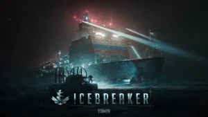 Milzīgs leduslauža kuģis Borej ar ieslēgtiem prožektoriem naktī Escape from Tarkov Icebreaker kartes paziņojumā