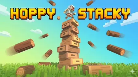Hoppy Stacky game banner with a cartoon character jumping on top of a tall stack of wooden logs under a blue sky.