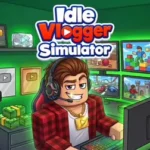 Idle Vlogger Simulator game banner showing a cartoon male blogger sitting at a streaming setup. The smiling character wears a red plaid shirt, a golden YouTube button necklace, and gaming headphones. He types on a glowing keyboard in front of a computer monitor. The background features a green wall decorated with multiple silver, gold, and diamond play button trophies on shelves. To his left, a video camera sits on a tripod next to stacks of cash. To his right, a wall array of six glowing green monitors displays various video game scenes like racing, building, and a sleeping cat.