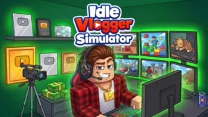 Idle Vlogger Simulator game banner showing a cartoon male blogger sitting at a streaming setup. The smiling character wears a red plaid shirt, a golden YouTube button necklace, and gaming headphones. He types on a glowing keyboard in front of a computer monitor. The background features a green wall decorated with multiple silver, gold, and diamond play button trophies on shelves. To his left, a video camera sits on a tripod next to stacks of cash. To his right, a wall array of six glowing green monitors displays various video game scenes like racing, building, and a sleeping cat.