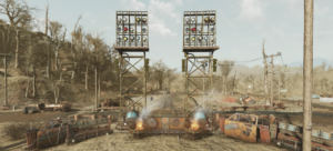 Sāpīgs supermutants paštaisītās metāla bruņās ar ieroci drupās Fallout 76 pilsētas vidē