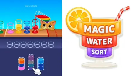 Magic Water Sort game banner with colorful liquid puzzle flasks and a cute kitten.