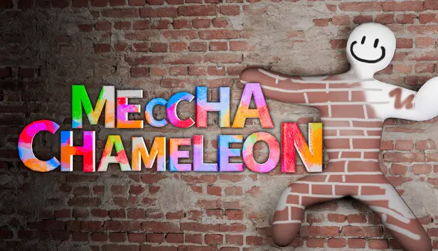 Vārds Meccha Chameleon krāsainos burtos uz ķieģeļu sienas, kurai blakus ir balts, smaidīgs cilvēciņš, kas daļēji saplūst ar sienu.