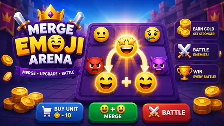 Merge Emoji Arena.webp game banner showing a purple 3x3 merge grid filled with various cartoon emoji faces against a dark stone castle backdrop. In the center of the grid, a glowing star-eyed emoji face radiates light with yellow arrows pointing down to two smiling emoji faces below it connected by a white plus sign. The grid also contains a neutral face, a crying face, an angry red devil face, and a smiling purple devil face. To the left, the game title "MERGE EMOJI ARENA" stands out in bold 3D white and yellow lettering topped with a golden crown and crossed swords. Bottom buttons include a blue "BUY UNIT" option, a green "MERGE" button, and a red "BATTLE" button. The right side features text panels for earning gold, battling enemies, and winning matches, flanked by stacks of golden coins.