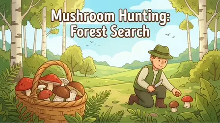 Mushroom Hunting Forest Search.webp game banner featuring a cozy cartoon illustration of a forest. In the foreground on the left, a large woven wicker basket is overflowing with red-capped and brown-capped mushrooms amidst green ferns. On the right, a smiling cartoon male forager wearing a green hat and vest kneels in the grass, holding a small knife as he reaches for mushrooms growing on the ground. The background opens up to rolling green hills, a grove of birch trees, and a clear blue sky with light clouds and birds. The game title "Mushroom Hunting: Forest Search" is centered at the top in a bold white font with a dark outline.