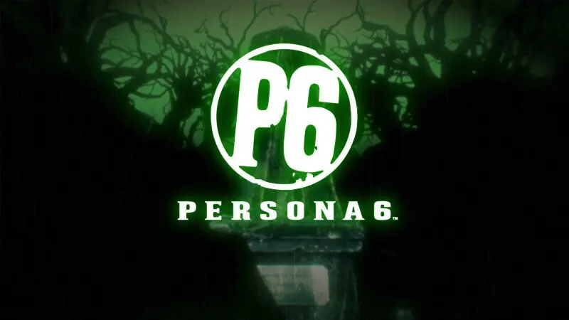 Koši zaļš Persona 6 logotips uz tumša un noslēpumaina kapsētas fona ar koku zariem.