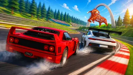 Online! game banner featuring a high-speed track battle between two sports cars. In the foreground, a classic red supercar with a prominent rear wing drifts sharply to the left, emitting white tire smoke. Its license plate reads "OXO". To its right, a modern white racing car drifts along the red-and-white striped curb of the racetrack. In the background, a massive white stone arch showcases a large orange wireframe sculpture of a charging bull. The track is surrounded by green pine trees under a bright blue sky with a glowing sun.