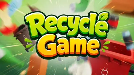 Recycle Game green and yellow 3D text logo surrounded by flying trash items and colorful recycling bins.