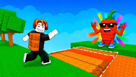 Robby Build Bridge To Brainrots_2.webp game banner showing a blocky Roblox-style cartoon character with bright orange hair running along a vibrant green field. The character carries a large stack of brown brick blocks on his back as he steps onto a multi-colored bridge made of orange, red, and brown planks spanning an open gap. The bridge connects to a floating island where a cartoon red chili pepper character wearing black sunglasses and blue sneakers stands happily, raising its hands in a rock-on sign against a bright rainbow sunburst aura. Two green blocky lego trees stand on the left under a crisp blue sky with soft clouds.