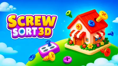 Screw Sort 3D game banner showing a cartoon house on a green hill decorated with giant colorful screws.