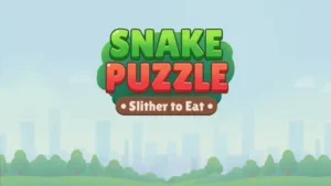 Snake Puzzle Slither to Eat!.webp game banner showcasing the official logo with the words "SNAKE PUZZLE" in bold 3D green and red letters. The text rests on a green stylized bush shape above a dark brown badge that reads "Slither to Eat". The background features a soft, pale blue sky with a blurred light gray silhouette of a distant city skyline rising behind a neat row of green cartoon trees at the bottom.